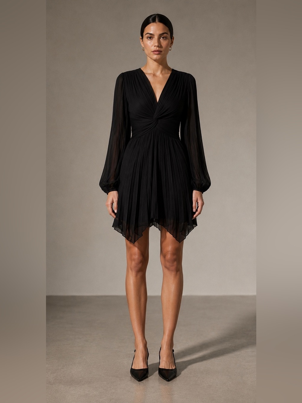 Maje black knife pleat twist front asymmetrical hem mini dress French chic. 36